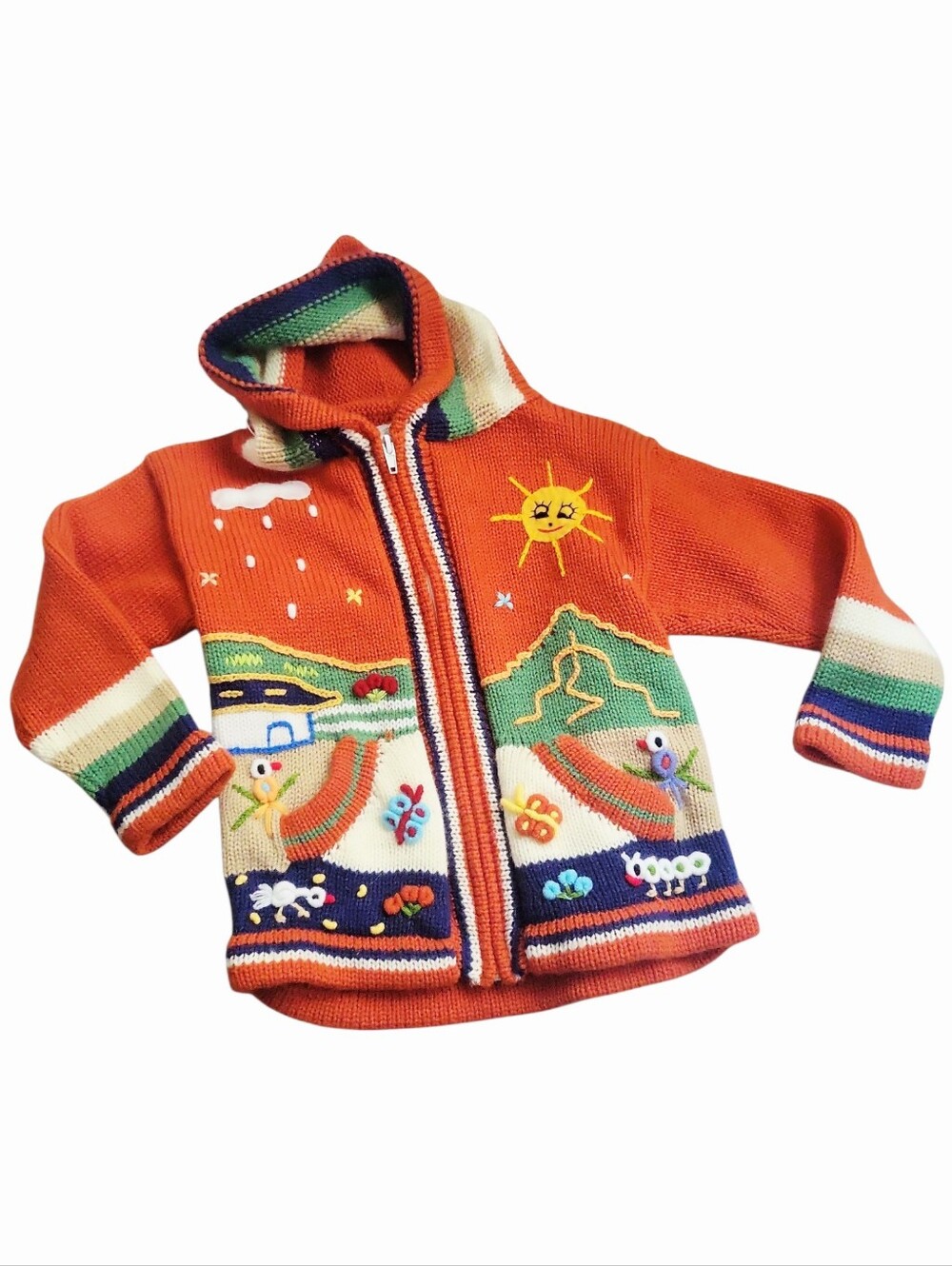 NWT Children's Peruvian Folk Art Wool Embroidered Knit Hooded Full Zip Sweater 6